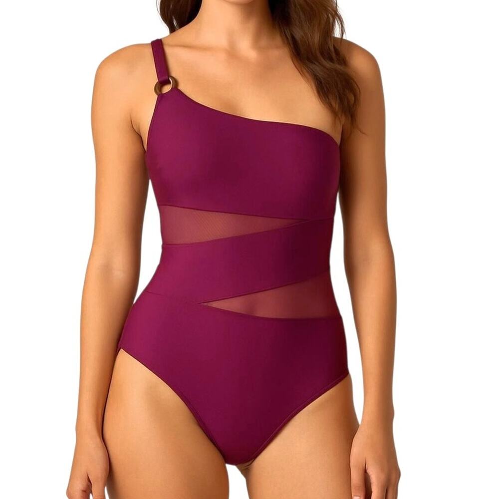 Fuchsia Mesh Cut Out Single Strap One Piece Swimsuit Women's Size M NWT